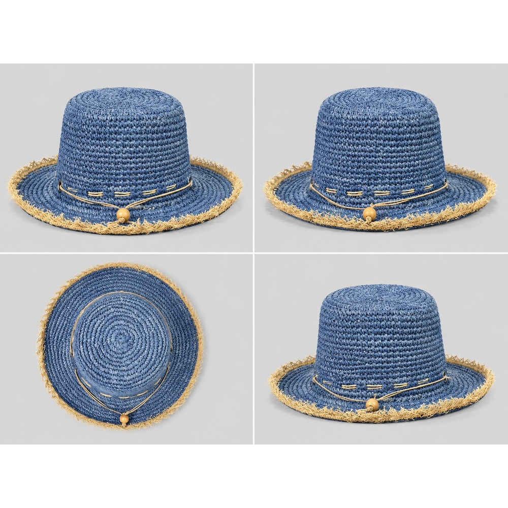 Lord & Taylor Blue Woven Raffia Straw Sun Hat Frayed Edge Bow Accent RN 13711